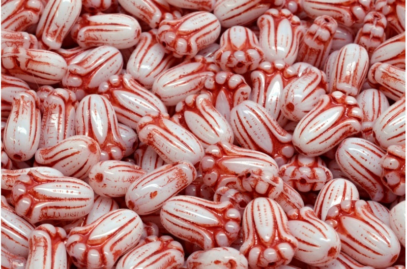 OUTLET 10 grams Tulip Bud Beads, White Red Lined (02010-54310), Glass, Czech Republic