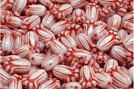 OUTLET 10 grams Tulip Bud Beads, White Red Lined (02010-54310), Glass, Czech Republic