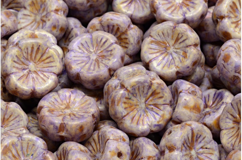 Hawaiian Flower Beads, White Travertin Puprple (02010-65328), Glass, Czech Republic