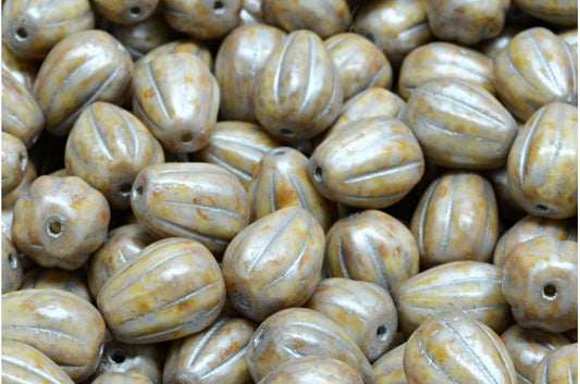 ドロップメロンビーズ、ホワイトクリームラスタースポットシルバーライン（02010-65321-54301）、ガラス、チェコ共和国