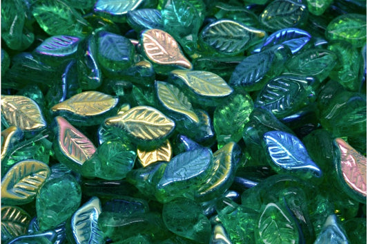 Bay Leaf Beads, Transparent Green Emerald Ab (50720-28701), Glass, Czech Republic