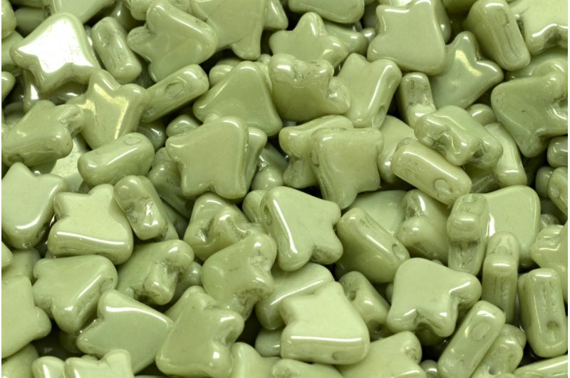 2穴フラットチューリップベルビーズ、ホワイトラスターグリーンフルコーティング（02010-14457）、ガラス、チェコ共和国