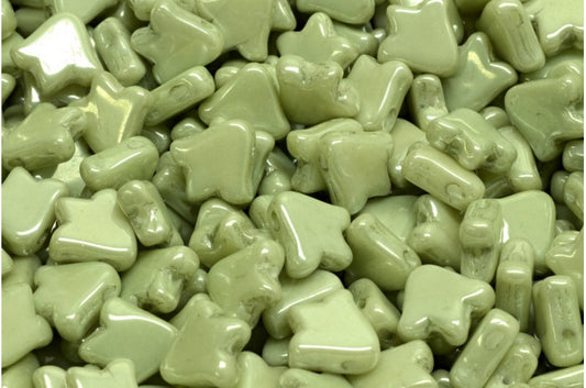 2穴フラットチューリップベルビーズ、ホワイトラスターグリーンフルコーティング（02010-14457）、ガラス、チェコ共和国