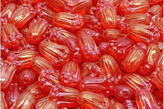 Tulip Bud Beads, Transparent Red Rainbow Iris (90050-21405), Glass, Czech Republic