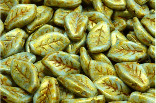 Wavy Leaf Beads, White Brown Luster Spotted (02010-65326), Glass, Czech Republic
