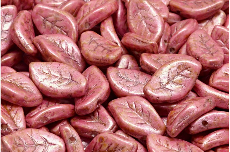 Wavy Leaf Beads, White Rose Luster Spotted (02010-65327), Glass, Czech Republic