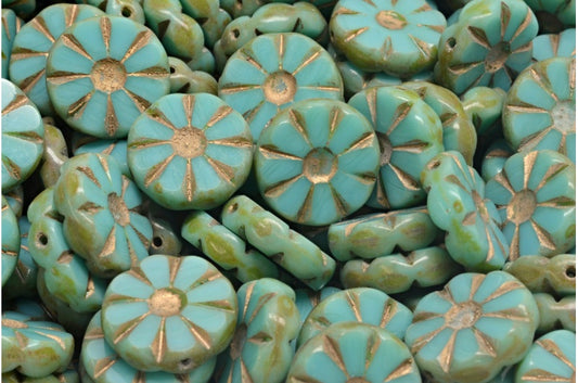 Table Cut Polished Sunflower Beads, Turquise Travertin Gold Lined (63120-86800-54302), Glass, Czech Republic