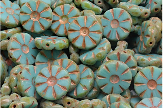 Table Cut Polished Sunflower Beads, Turquise Travertin Copper Lined (63120-86800-54319), Glass, Czech Republic