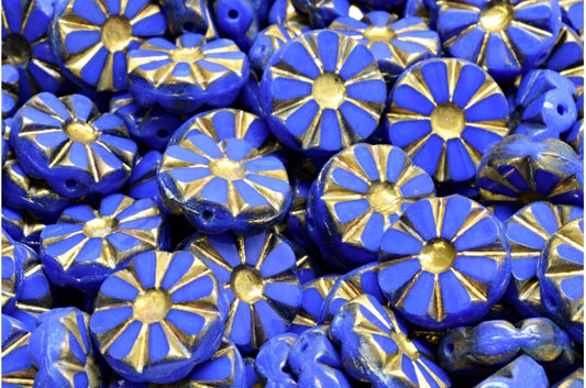 Table Cut Polished Sunflower Beads, Opaque Blue Gold (33050-26443), Glass, Czech Republic