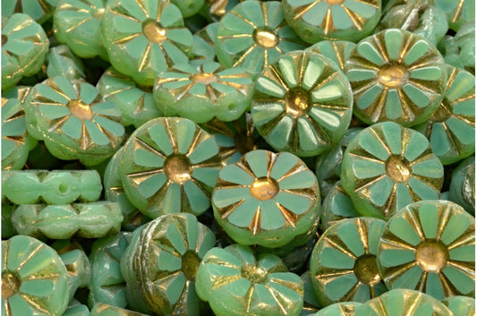 Table Cut Polished Sunflower Beads, Opal Green Gold (51111-26443), Glass, Czech Republic