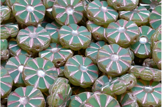テーブルカットのポリッシュ加工ひまわりビーズ、オパールグリーンのトラバーチンピンクライン（51111-86800-54321）、ガラス、チェコ共和国