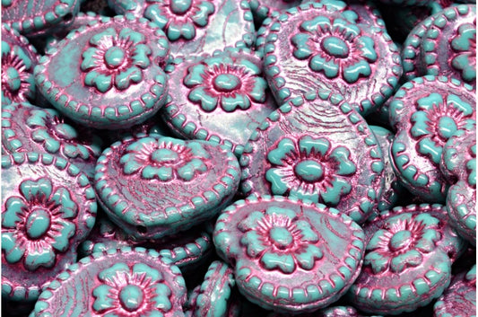 奥特莱斯 10克玫瑰心形珠子，17 x 17毫米，绿松石粉色内衬 (63140-54321)，玻璃，捷克共和国