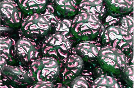 Lentil Beads with Ornaments, Transparent Green Emerald Pink Lined (50720-54321), Glass, Czech Republic