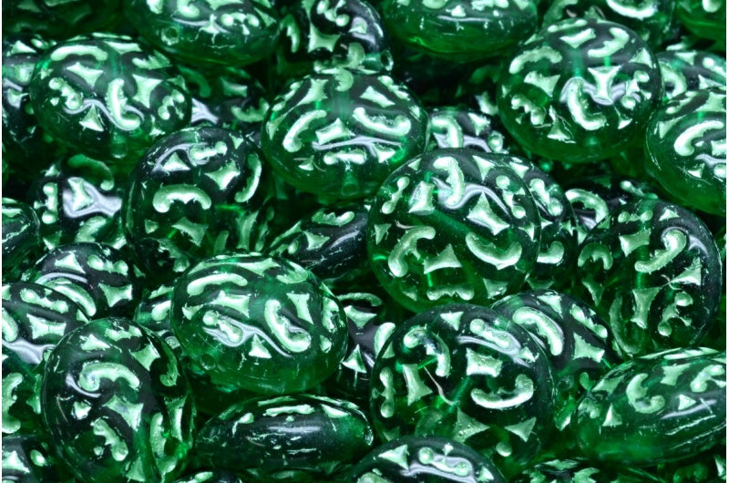 Lentil Beads with Ornaments, Transparent Green Emerald 54322 (50720-54322), Glass, Czech Republic