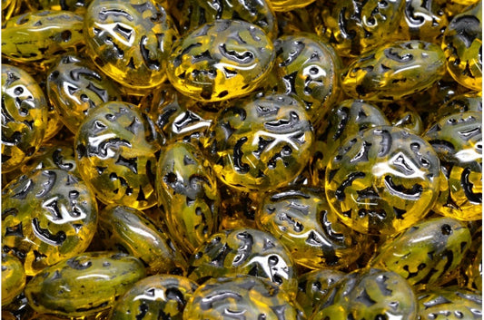 Lentil Beads with Ornaments, Transparent Yellow Black Lined (80020-54313), Glass, Czech Republic