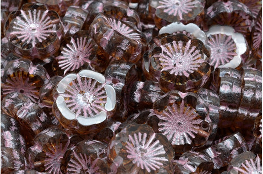 アウトレット 10グラム テーブルカットハワイフラワービーズ、14 x 14 mm、クリスタルトラバーチンピンクライン（00030-86800-54321）、ガラス、チェコ共和国