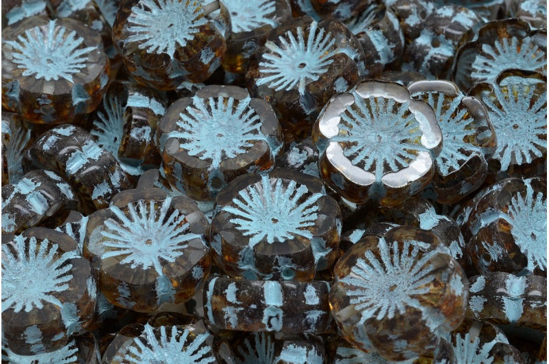 OUTLET 10 grams Table Cut Hawaii Flower Beads, 14 x 14 mm, Crystal Travertin Blue Lined (00030-86800-54323), Glass, Czech Republic