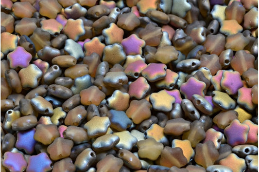 Flat Star Beads, Transparent Orange Matte Jet Volcano (10040-84100-28001), Glass, Czech Republic