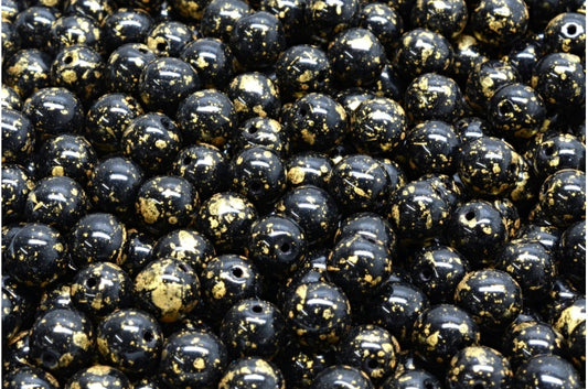 Round Druck Beads, Black Gold Splash (23980-94401), Glass, Czech Republic