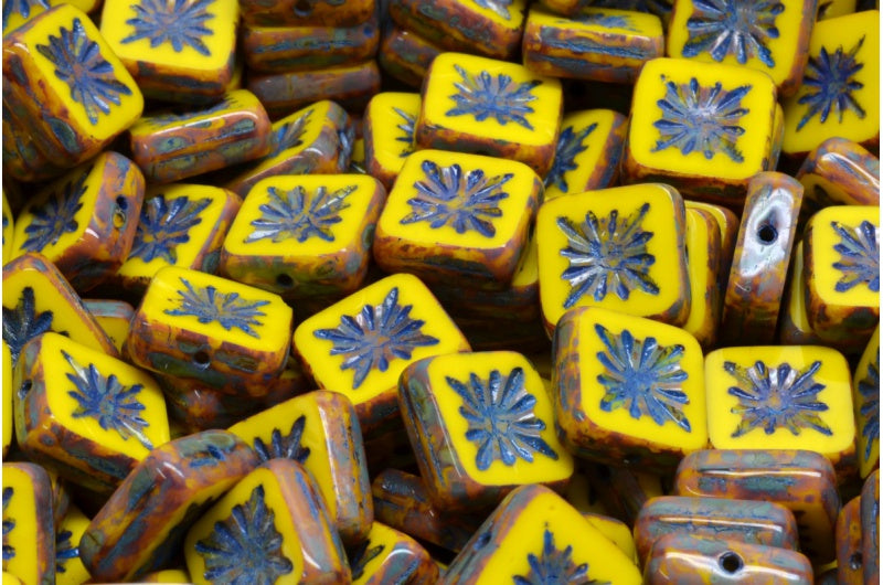 OUTLET 10 grams Table Cut Square Kiwi Beads, 10 x 10 mm, Yellow Travertin Blue Lined (83120-86800-54325), Glass, Czech Republic