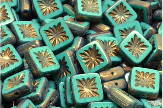 テーブルカットスクエアキウイビーズ、ターコイズブロンズ（63130-14415）、ガラス、チェコ共和国