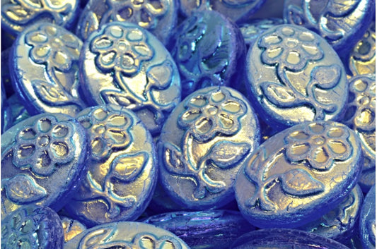 奥特莱斯 10克椭圆形花形珠子，21 x 16毫米，钴蓝色（2X侧）(30050-28703)，玻璃，捷克共和国