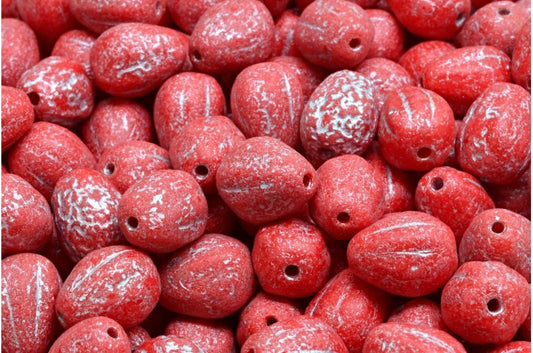 Drop Melon Beads, Opaque Red Etched Silver Lined (93200-ETCH-54301), Glass, Czech Republic