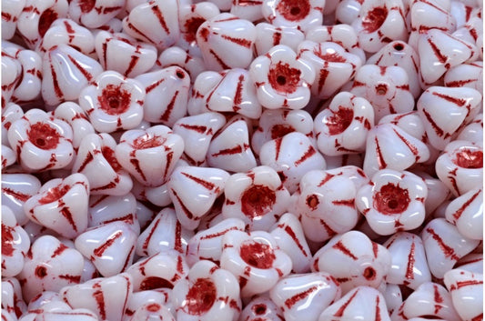 Bell Flower Beads, White Red Lined (02010-54314), Glass, Czech Republic