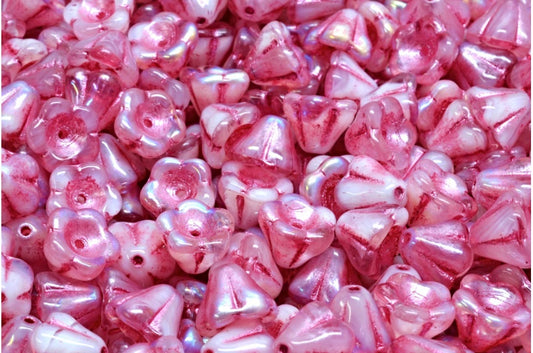 Bell Flower Beads, White Ab Pink Lined (R0201-28701-54321), Glass, Czech Republic