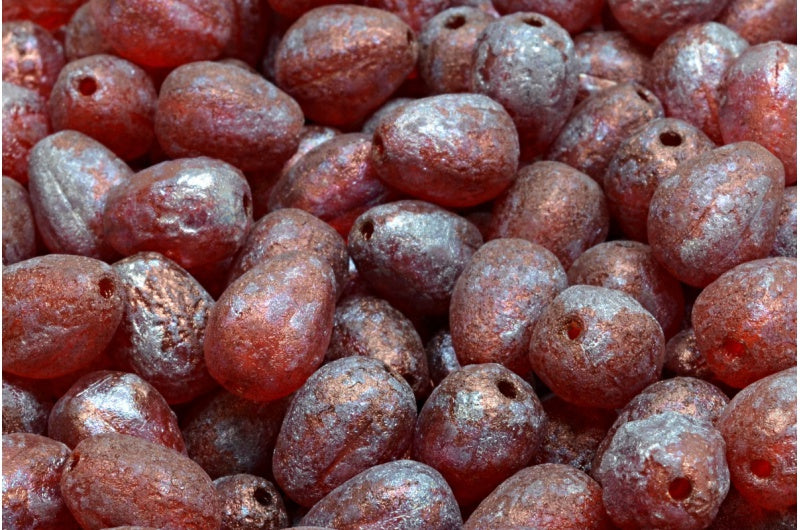 Drop Melon Beads, Transparent Red Etched Nebula (90050-ETCH-15001), Glass, Czech Republic