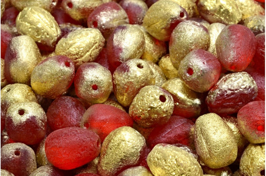 Drop Melon Beads, Transparent Red Etched Gold (90050-ETCH-26441), Glass, Czech Republic