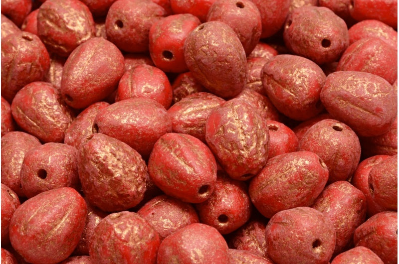 Drop Melon Beads, Opaque Red Etched Copper Lined (93200-ETCH-54319), Glass, Czech Republic