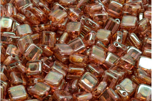 2-Holes Pressed Tile Beads, Crystal Stain With Luster Red (00030-65491), Glass, Czech Republic