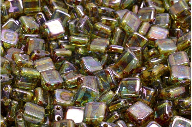 OUTLET 250g 2-Holes Pressed Tile Beads 6 x 6 mm, Crystal Stain With Luster Blue (00030-65431), Glass, Czech Republic