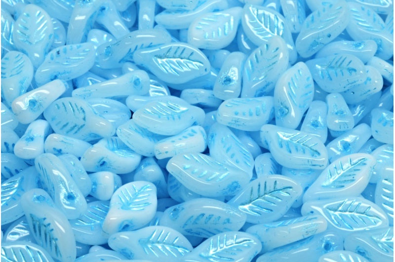 Bay Leaf Beads, White Blue Lined (02010-54323), Glass, Czech Republic