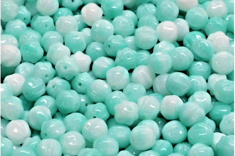 Melon Beads, White Teal (R2613), Glass, Czech Republic