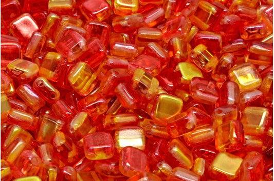 2-Holes Pressed Tile Beads, Crystal Glossy Red Gold (00030-48101), Glass, Czech Republic