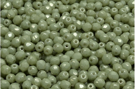 ファセットラウンドファイアポリッシュビーズ、チョークホワイトラスターグリーンフルコーティング（03000-14457）、ガラス、チェコ共和国