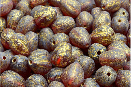 Drop Melon Beads, Transparent Pink Etched Gold Lined (70010-ETCH-54302), Glass, Czech Republic