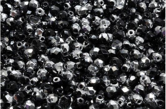 OUTLET 10 grams Faceted Round Fire Polished Beads, 4 x 4 mm, Black Crystal Silver Half Coating (23980-27001), Glass, Czech Republic