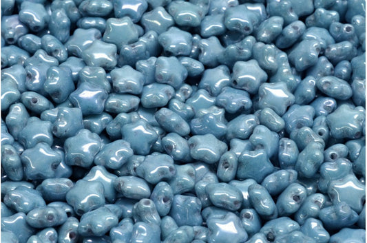 Flat Star Beads, White Luster Blue Full Coated (02010-14464), Glass, Czech Republic