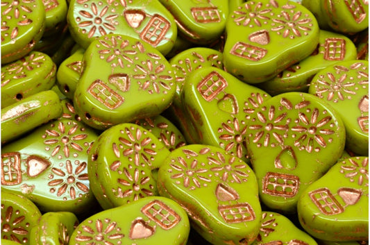 Sugar Skull Beads, Opaque Green Copper Lined (53400-54319), Glass, Czech Republic