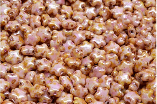 Flat Star Beads, White Pink Beige Luster Spotted (02010-65323), Glass, Czech Republic