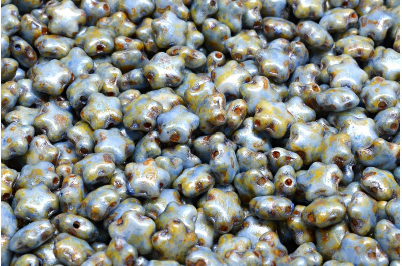 Flat Star Beads, White Green Luster Spotted (02010-65325), Glass, Czech Republic