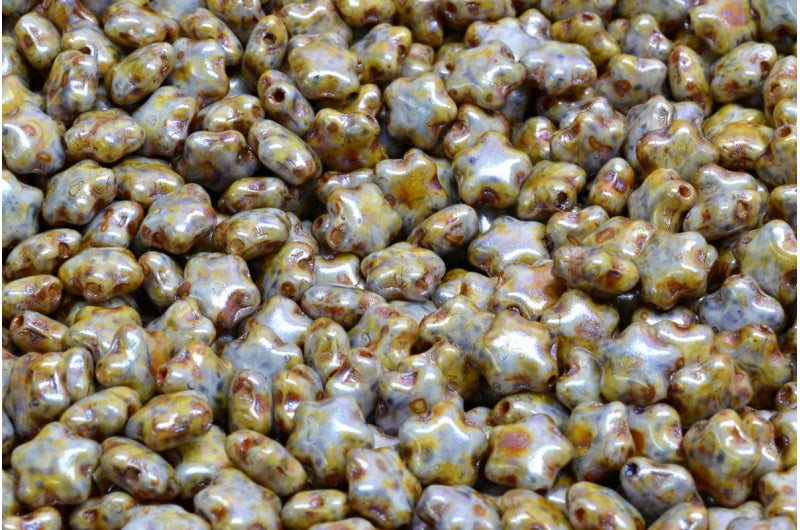 OUTLET 10 克扁平星形珠，6 x 6 毫米，白色紫色棕色光泽斑点 (02010-65329)，玻璃，捷克共和国