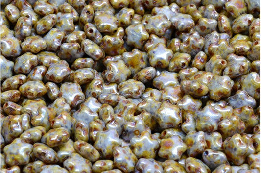 OUTLET 10 克扁平星形珠，6 x 6 毫米，白色紫色棕色光泽斑点 (02010-65329)，玻璃，捷克共和国