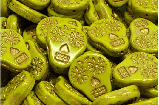 Sugar Skull Beads, Opaque Green Gold Lined (53400-54302), Glass, Czech Republic