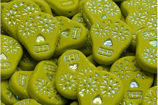 Sugar Skull Beads, Opaque Green Ab Full (2X Side) Matte (53400-28703-84100), Glass, Czech Republic