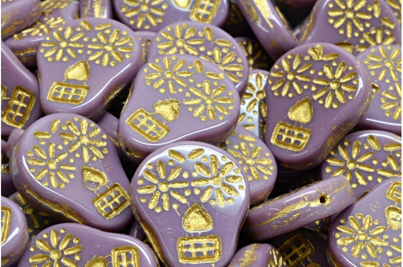 Sugar Skull Beads, Opaque Amethyst Gold Lined (23030-54302), Glass, Czech Republic