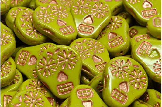 Sugar Skull Beads, Opaque Green Copper Lined (53400-54318), Glass, Czech Republic